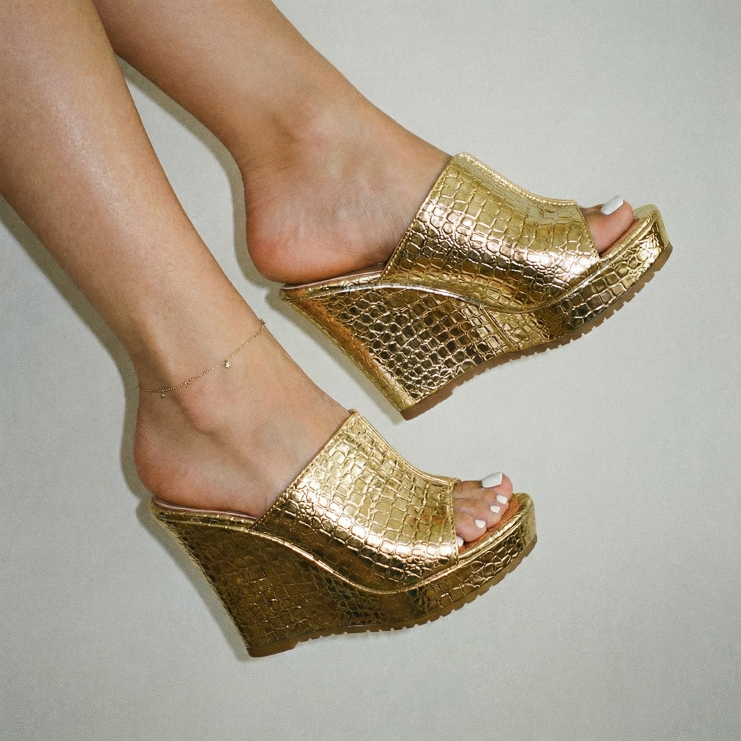 Aurevina | Elegant Gold Platform Wedge Women’s Sandals