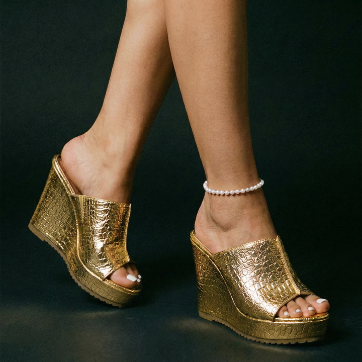 Aurevina | Elegant Gold Platform Wedge Women’s Sandals