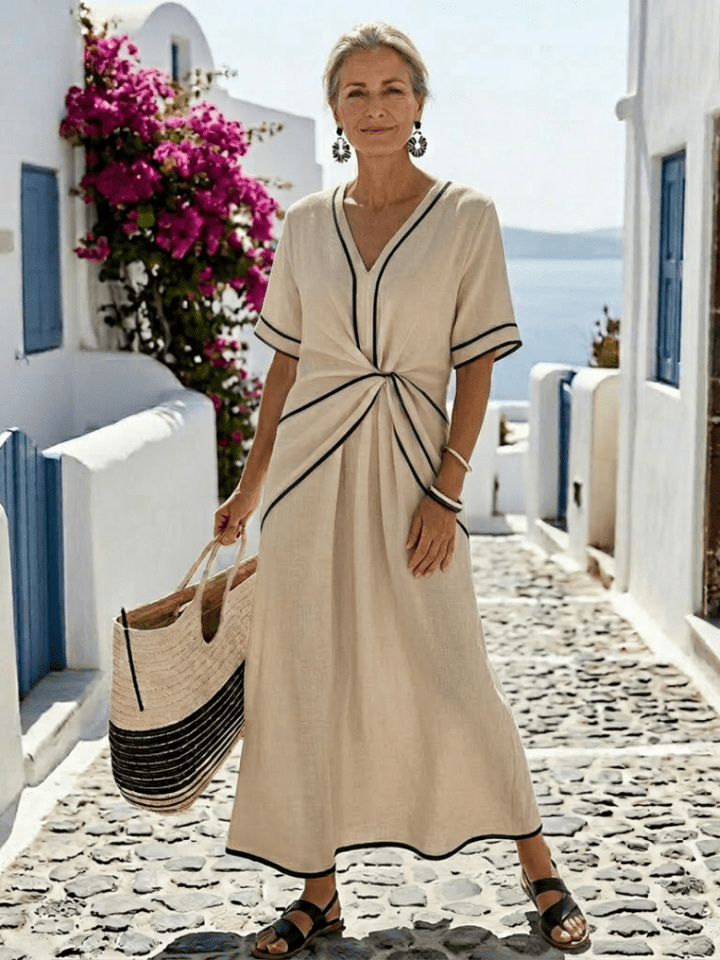 Aurevia | Elegant V-Neck Midi Dress with Ruched Waist