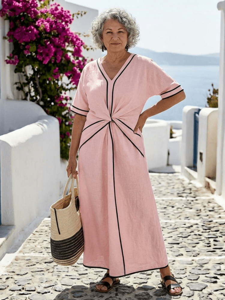 Aurevia | Elegant V-Neck Midi Dress with Ruched Waist