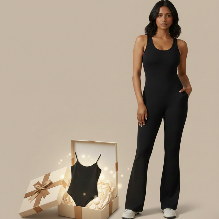 Craftsmiley V-Back Flared Jumpsuit + Free Contour Ultra Comfy Bodysuit | Sexy Backless Women&