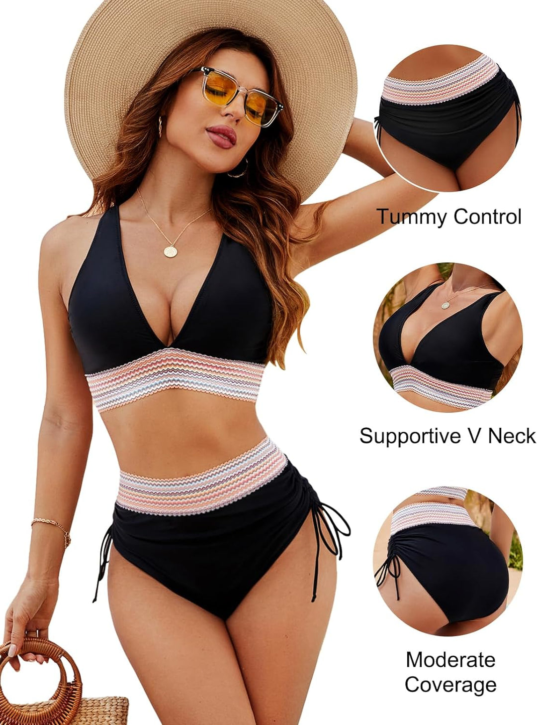 Angelika | Tummy Control and V-Neck High Waisted Bikini Set