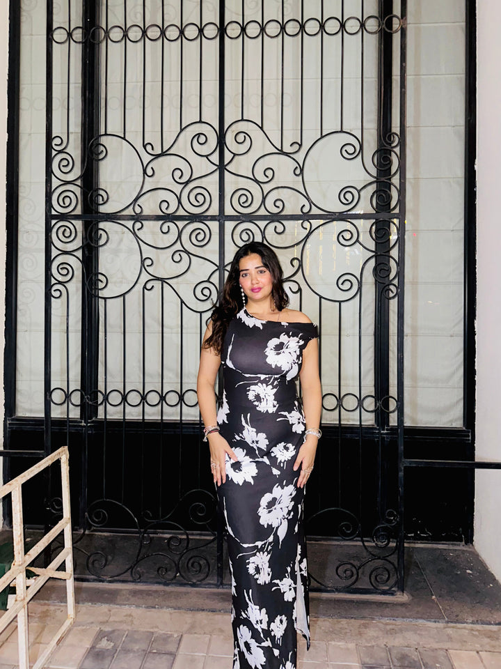 Craftsmiley Midnight Bloom One-Shoulder Maxi Dress