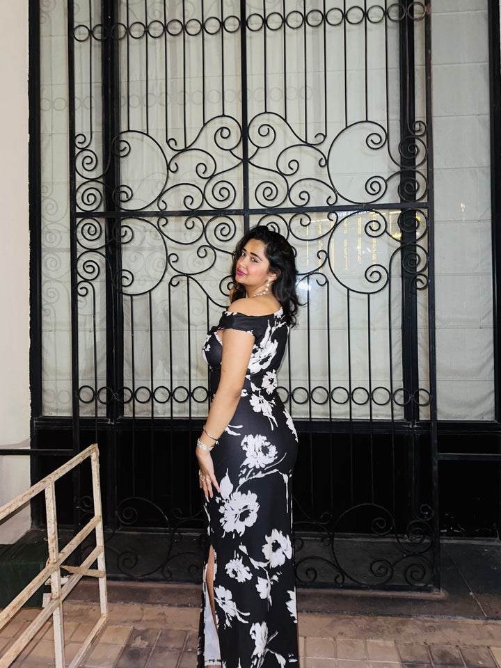 Craftsmiley Midnight Bloom One-Shoulder Maxi Dress