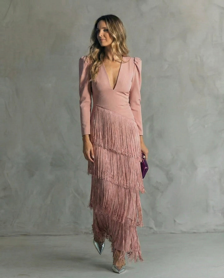 Jessica | Modisches V-Ausschnitt Maxi-Kleid mit Stufen und Fransen