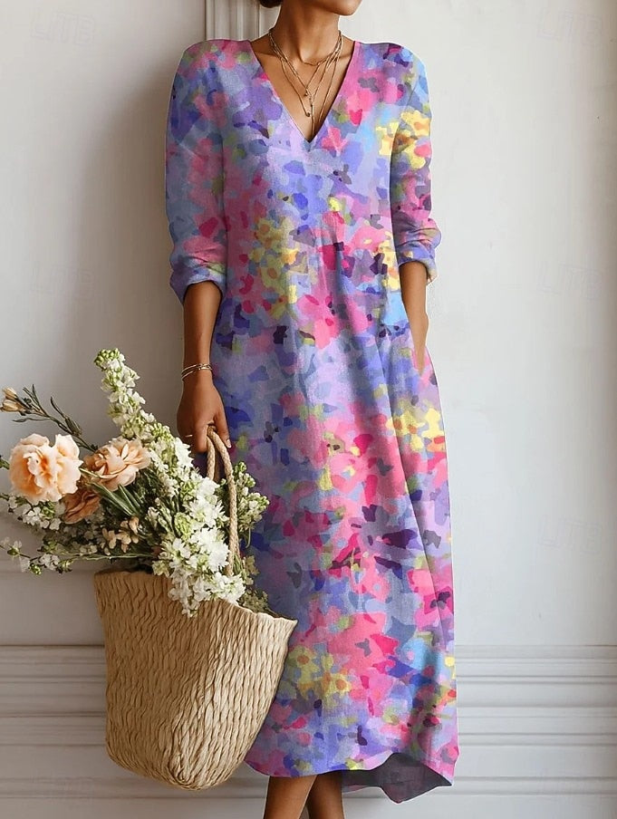 Elarisse | Elegant Floral V-Neck Long Sleeve Midi Dress