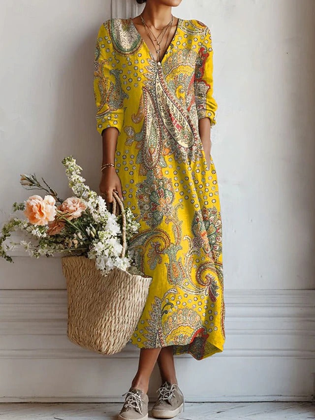 Elarisse | Elegant Floral V-Neck Long Sleeve Midi Dress