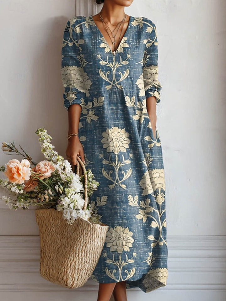 Elarisse | Elegant Floral V-Neck Long Sleeve Midi Dress