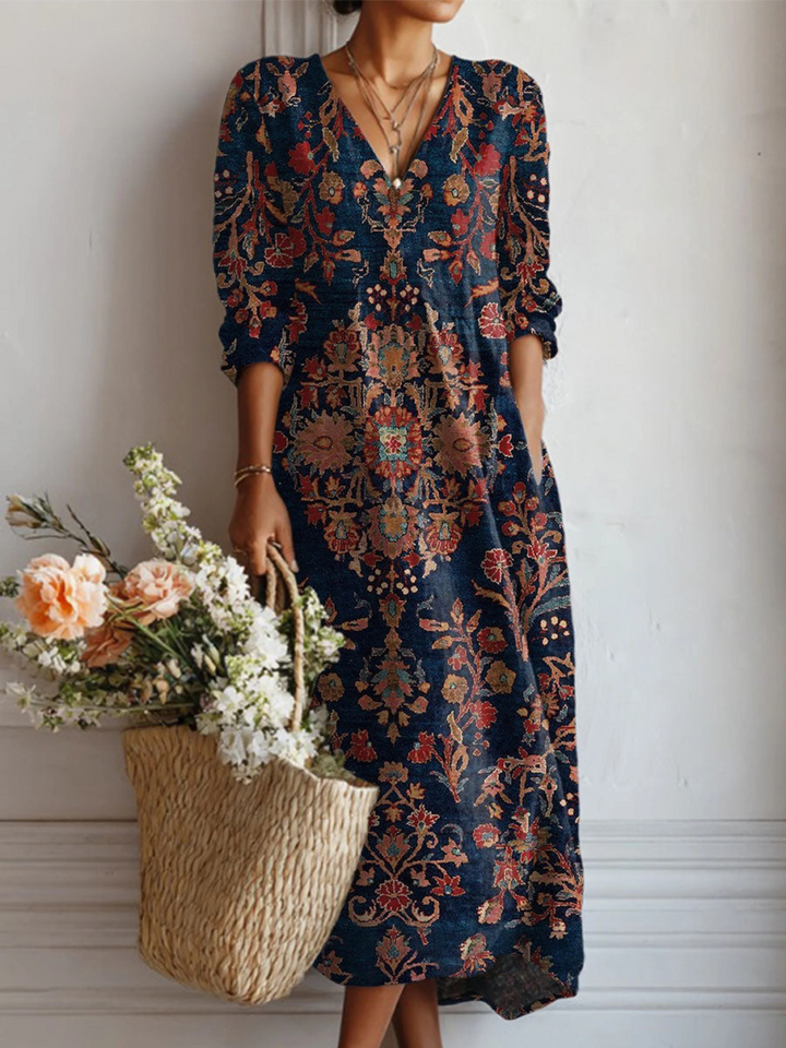 Elarisse | Elegant Floral V-Neck Long Sleeve Midi Dress