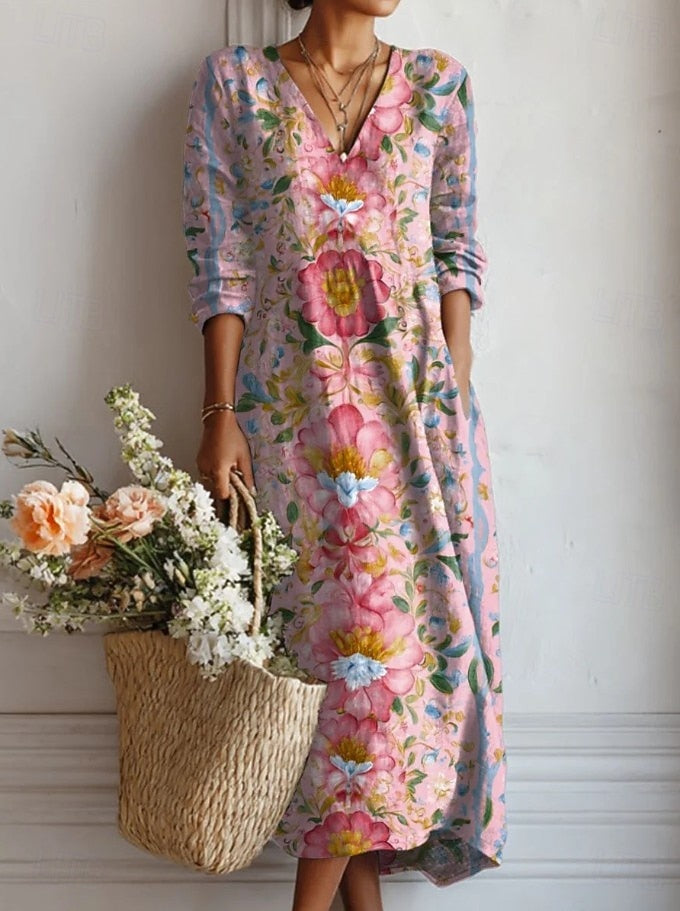 Elarisse | Elegant Floral V-Neck Long Sleeve Midi Dress