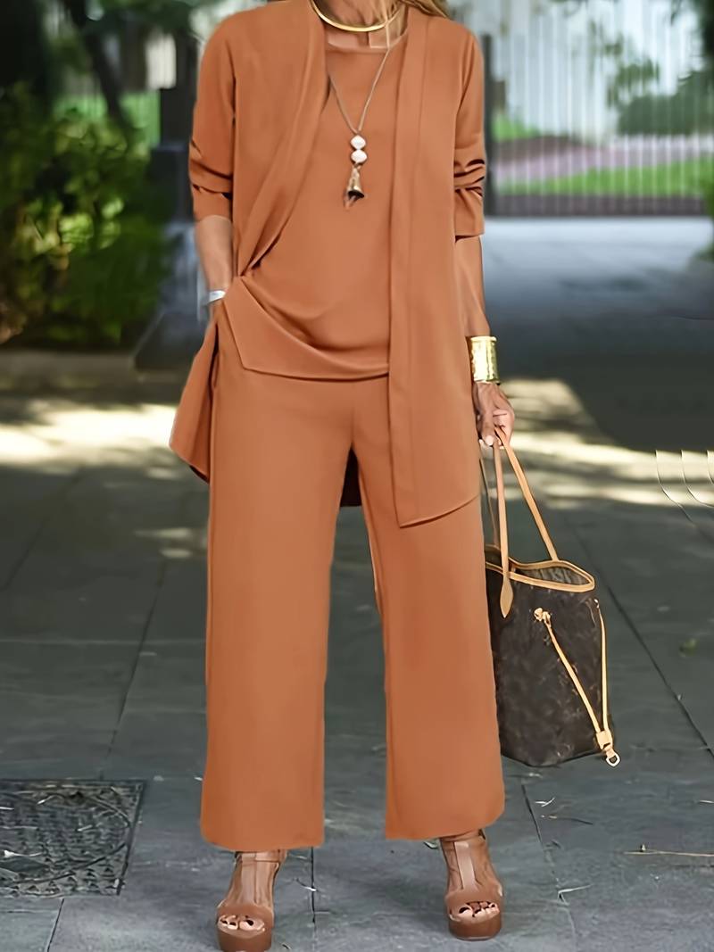 Velmora | Round Neck Three-Piece Wide-Leg Women’s Set
