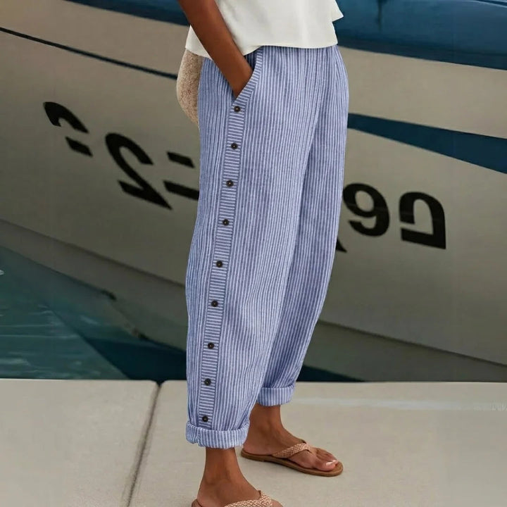 Saranda | Elegante High-Waist-Hose mit Streifen und Knöpfen