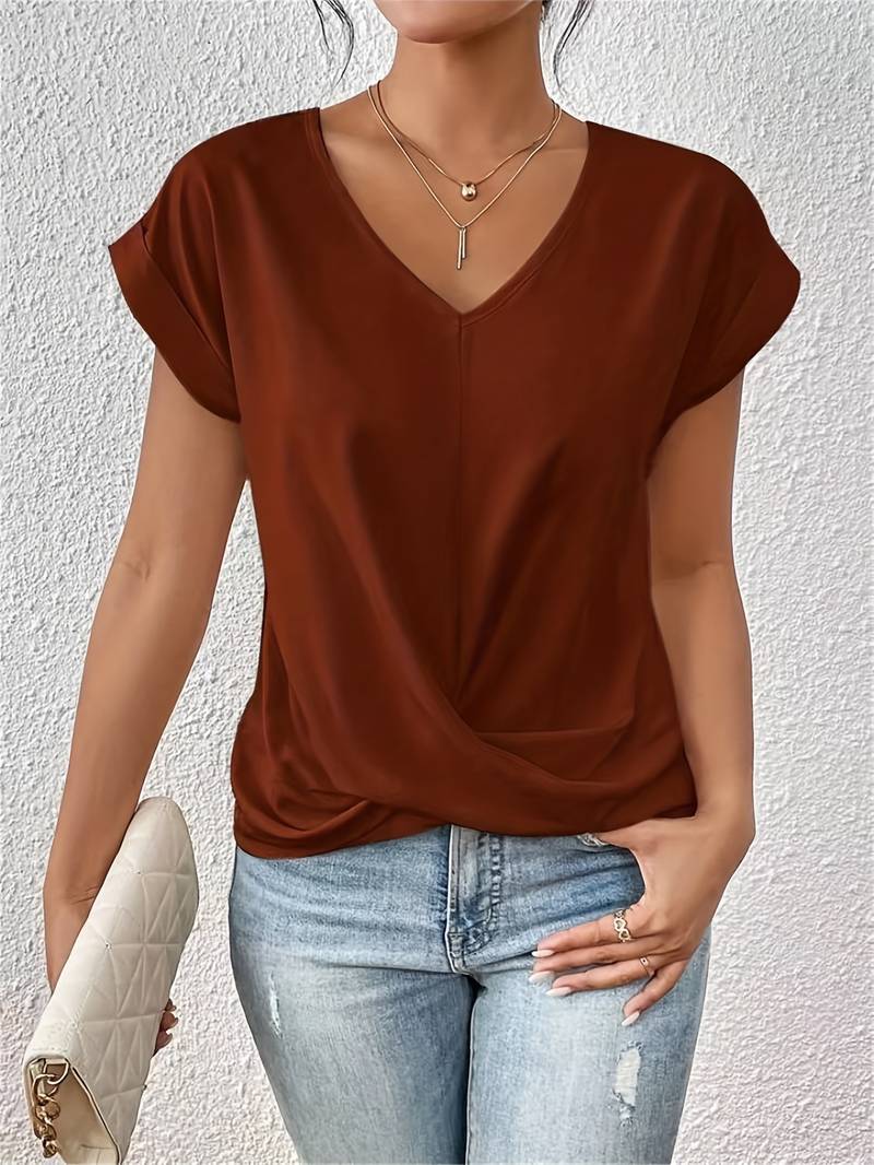 Jinia | Twist Detail V-Neck Short Sleeve Top
