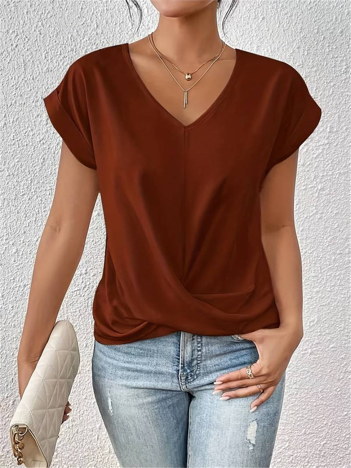 Jinia | Twist Detail V-Neck Short Sleeve Top