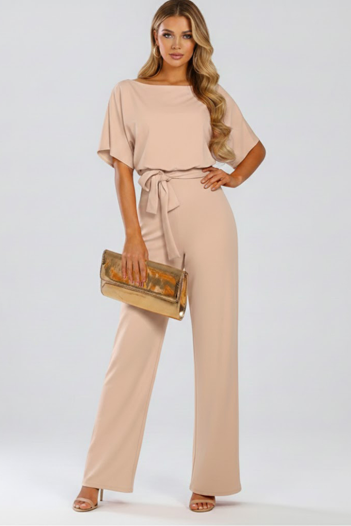 Emma | Eleganter, kurzärmeliger Jumpsuit mit weitem Bein und Gürtel