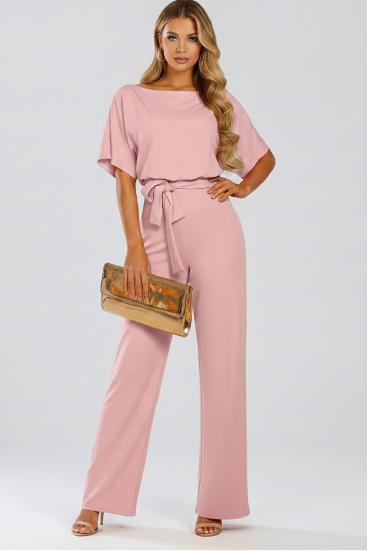 Emma | Eleganter, kurzärmeliger Jumpsuit mit weitem Bein und Gürtel