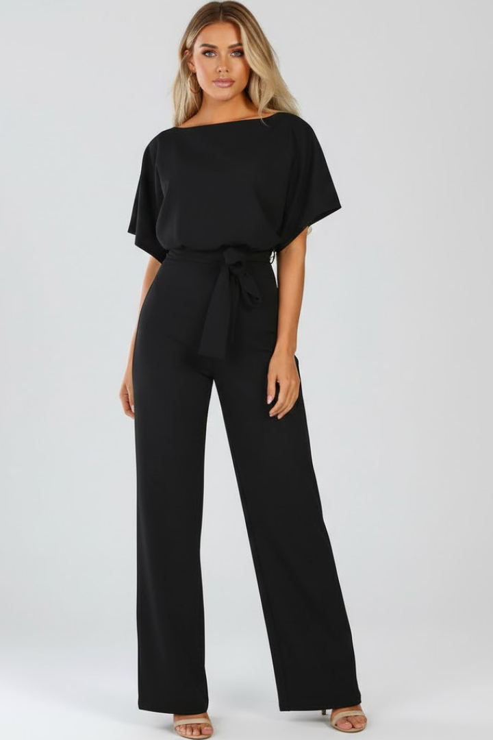 Emma | Eleganter, kurzärmeliger Jumpsuit mit weitem Bein und Gürtel