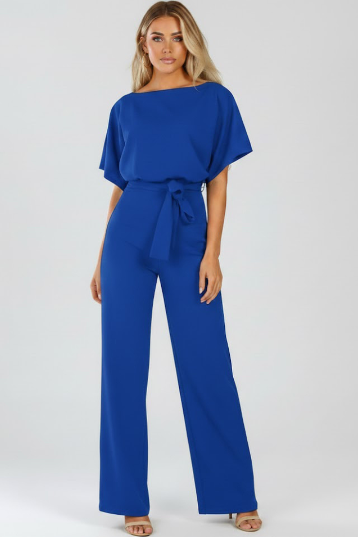 Emma | Eleganter, kurzärmeliger Jumpsuit mit weitem Bein und Gürtel