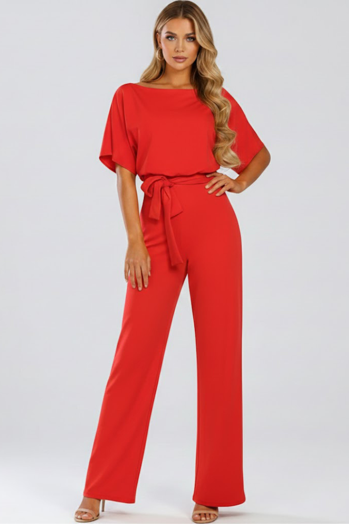 Emma | Eleganter, kurzärmeliger Jumpsuit mit weitem Bein und Gürtel