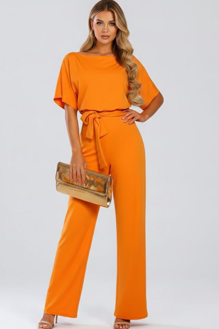 Emma | Eleganter, kurzärmeliger Jumpsuit mit weitem Bein und Gürtel