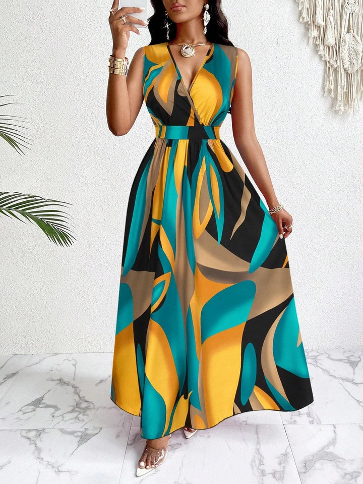 Mirella | Maxikleid mit tiefem V-Ausschnitt und Abstraktem Print