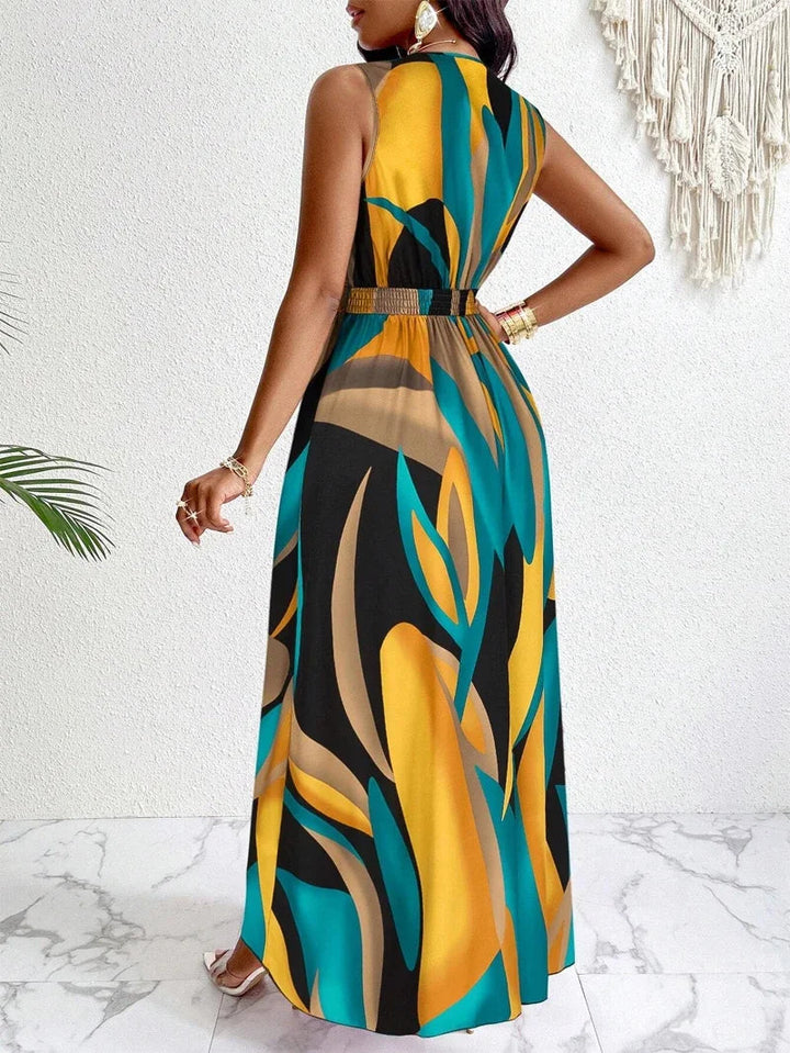 Mirella | Maxikleid mit tiefem V-Ausschnitt und Abstraktem Print