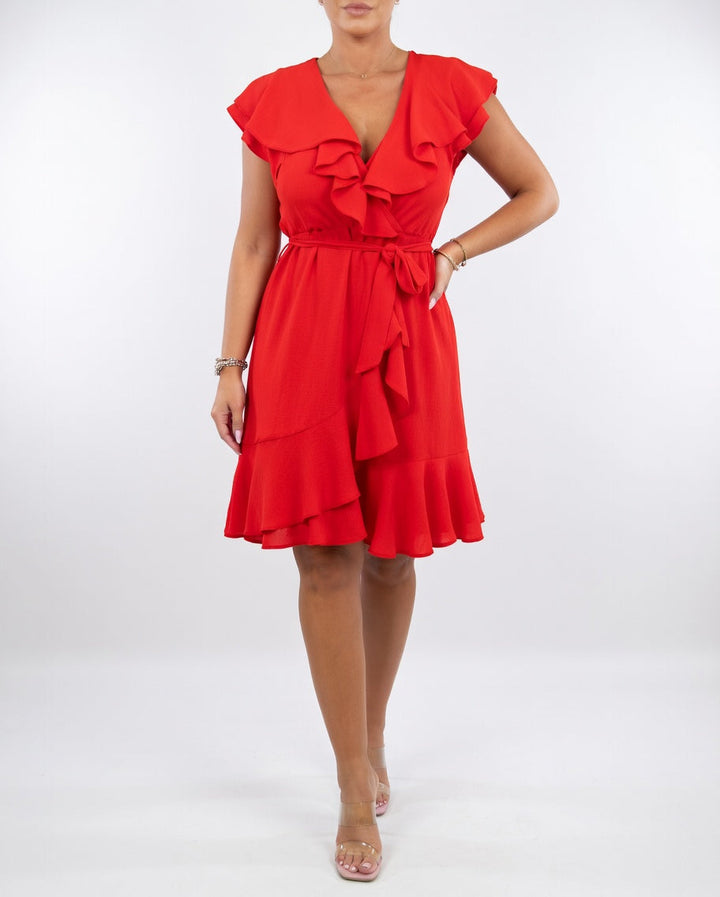 Elira | Elegantes Rüschenwickelkleid in Midi-Länge