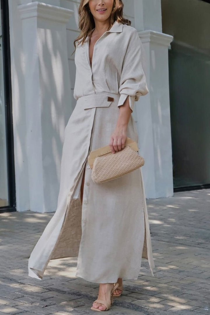 Celestria | Elegantes, geknöpftes Maxi-Hemdblusenkleid mit Kragen und Gürtel