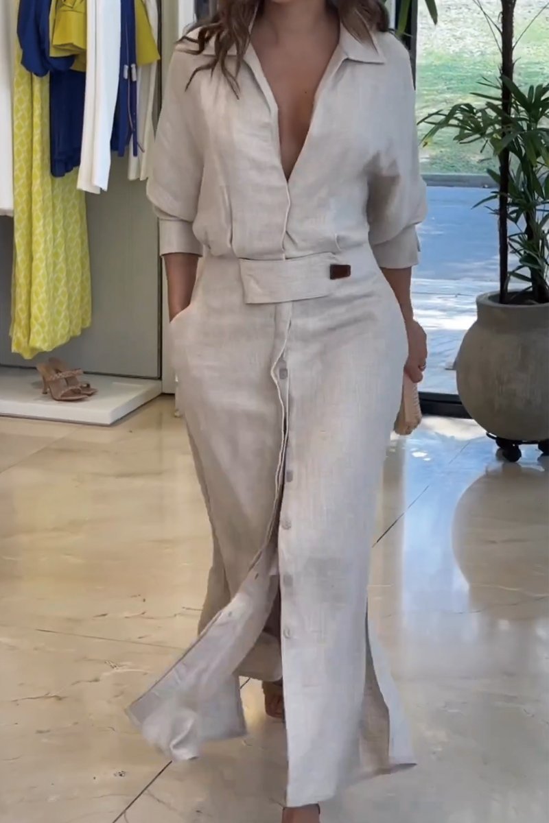 Celestria | Elegantes, geknöpftes Maxi-Hemdblusenkleid mit Kragen und Gürtel