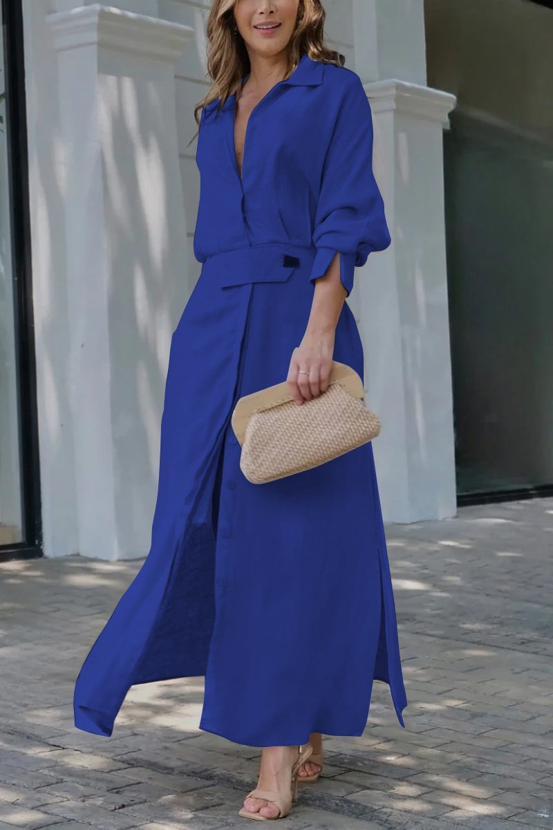 Celestria | Elegantes, geknöpftes Maxi-Hemdblusenkleid mit Kragen und Gürtel