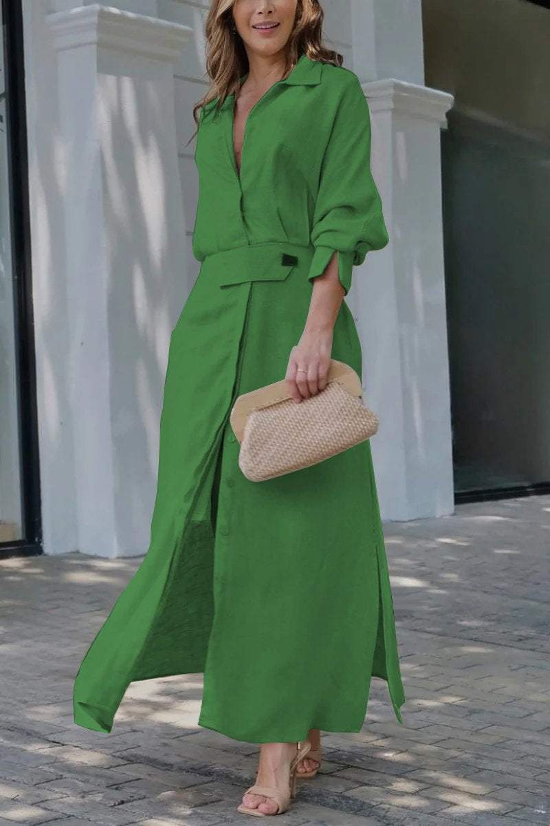 Celestria | Elegantes, geknöpftes Maxi-Hemdblusenkleid mit Kragen und Gürtel