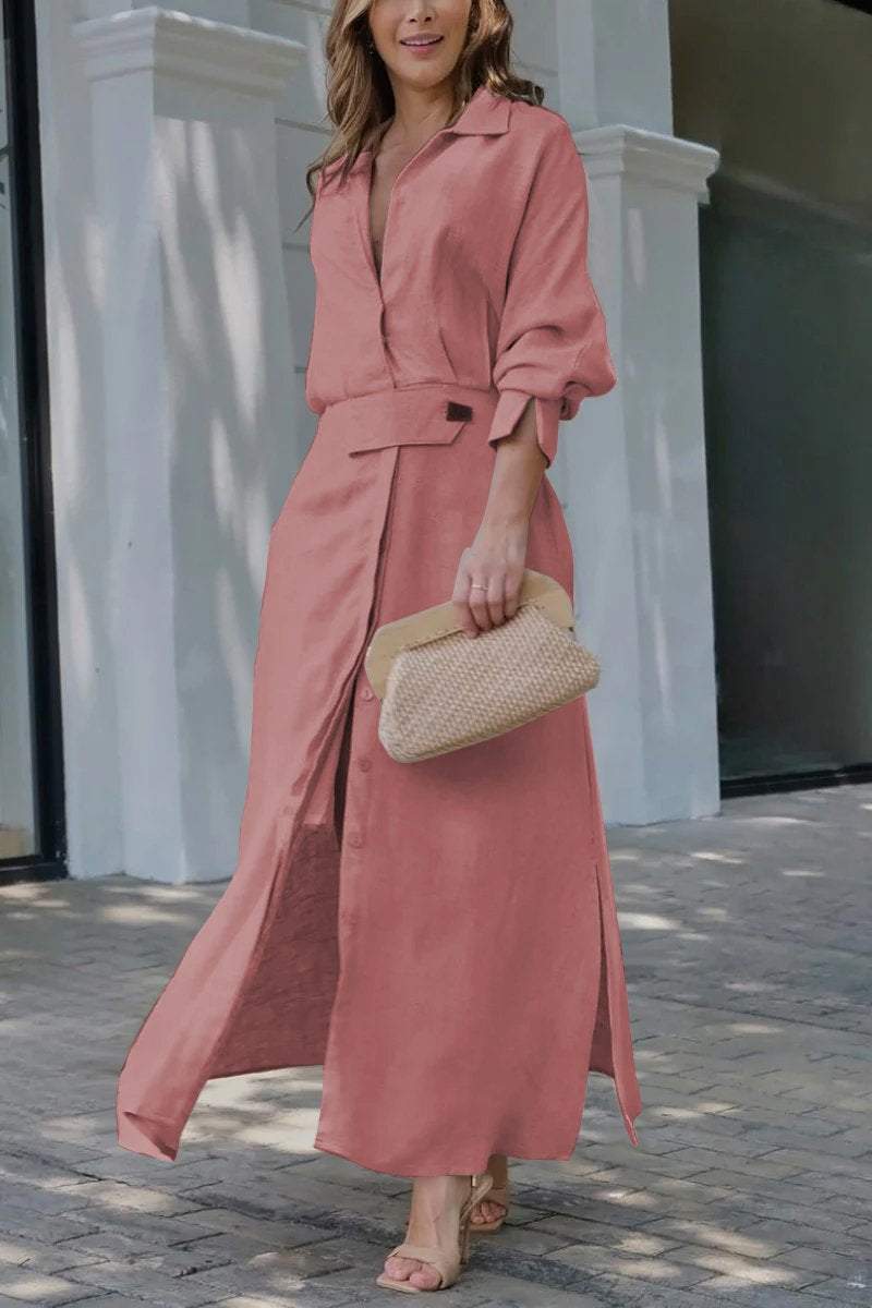 Celestria | Elegantes, geknöpftes Maxi-Hemdblusenkleid mit Kragen und Gürtel