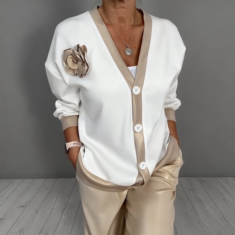 Jessica | Zweiteiliges, stilvolles Cardigan-Set mit floralen Akzenten