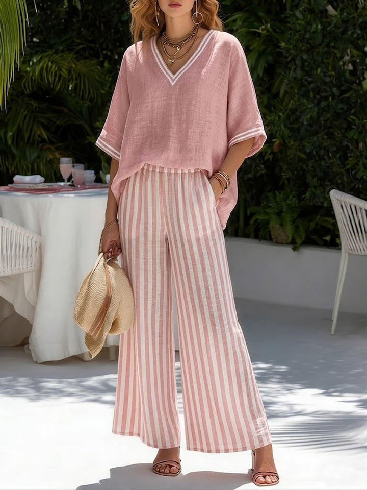 Zeraphine | Elegant Striped V-Neck Wide-Leg Women’s Two-Piece Set