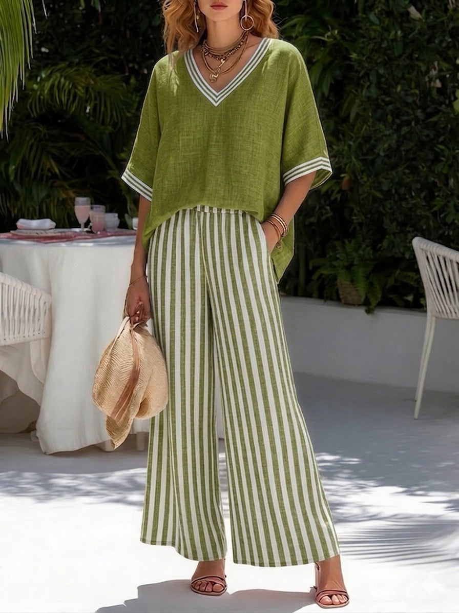 Zeraphine | Elegant Striped V-Neck Wide-Leg Women’s Two-Piece Set
